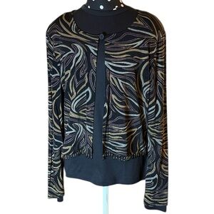 Vintage Black Fringe Stretch Bolero Jacket Topper Metallic Beaded Long Sleeve 14